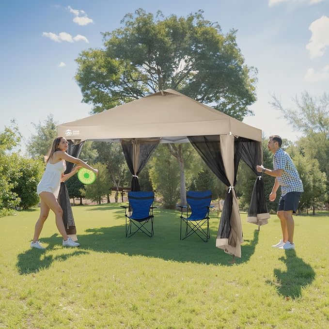 CROWN SHADES Gazebo 10x10 Pop Up Canopy with Mosquito Netting, Screen Tent with 4 Ropes, 8 Stakes, 4 Sandbags and Wheeled Storage Bag, Canopy for Patio & Backyard Parties,Camping&Events -(Beige)