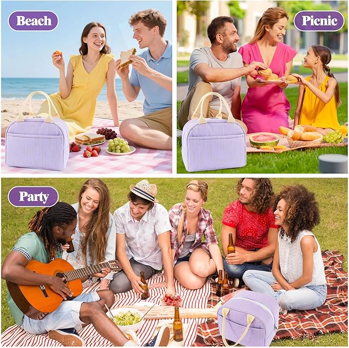 Lunch Bag For Women, Cooler Insulated Lunch Box For Travel Work Picnic College School Adult Large Capacity Lunch Bags, Purple Stripe