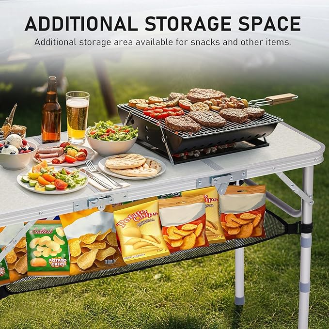 VINGLI Small Folding Table Portable 3FT Aluminum Foldable Camping Table for Picnic Card Table with 3 Adjustable Height & Carry Handle for Outdoor Indoor Hiking Camp BBQ Beach-White