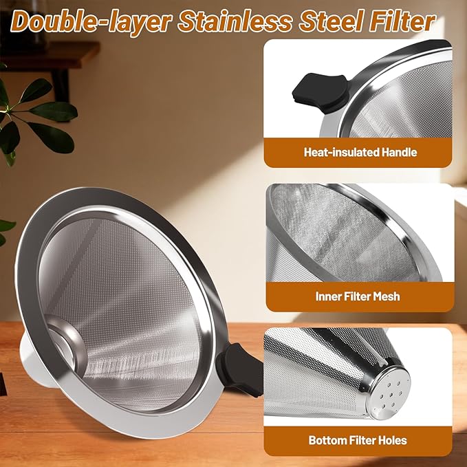 Coffee Pour Over 13.5oz 400ml High Borosilicate Glass Pour Over Coffee Maker Set Camping with Reusable 304 Stainless Steel Filter Hand Brew Carafe Drip Suitable for Electric Ceramic Stove