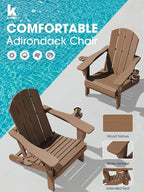 KINGYES Folding Adirondack Chair Set of 4, Dual Cup Holders & All-Weather HDPE, Wood-Like Patio Chair for Backyard, Camping, Pool & Fire Pit, Brown