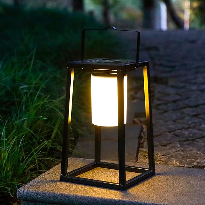 TRIROCKS 15'' High Outdoor Solar Lantern Portable Brightness LED Nightstand Lantern Metal Solar Lamp IP44 Waterproof Outdoor Table Lamps Cordless Lights for Patio Walking Reading Camping Garden(Black)