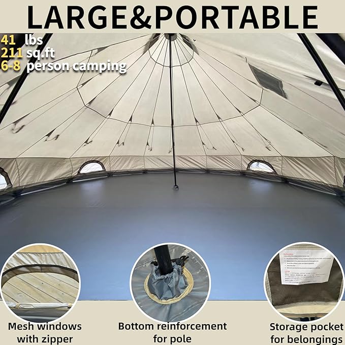 DANCHEL OUTDOOR B2 Portable Yurt with Stove Jack for Winter Camping, 4 Season Bell Tent Large Hot Tent 4/6 Person Family Camping Glamping Party 300D Oxford Khaki, 13ft/16.4ft