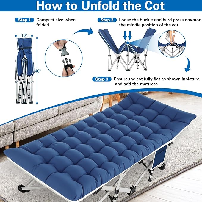 Camping cot with Mattress Comfortable Camping Cots for Adults with Carry Bag Portable Folding Cot Easy to Install Guest Bed Outdoor Indoor