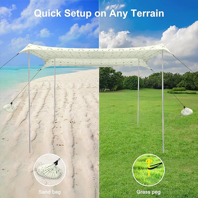 Beach Tent, Beach Canopy Sun Shade UPF 50+, Portable 10×10 FT Camping Sun Shelter with Sandbags, Poles, Ground Pegs and Anti-Wind Rope for Outdoor, Backyard, Picnics, Fishing