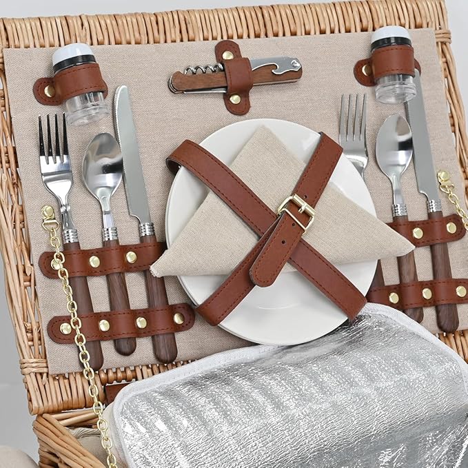 Picnic Basket with Blanket and Wine Pouch for 2, Wicker Picnic Set with Insulated Liner Cooler Bag Hamper for Camping,Wedding - Natural
