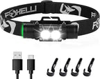 Foxelli Ultra Bright Rechargeable Headlamp – 18650 Battery, IPX7 Waterproof, 1200 Lumen LED Light for Work & Outdoors, with Battery & Hooks - Perfect for Hard Hat or Helmet