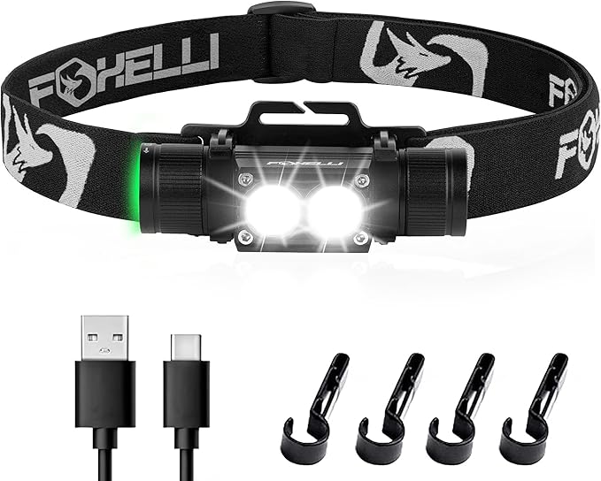 Foxelli Ultra Bright Rechargeable Headlamp – 18650 Battery, IPX7 Waterproof, 1200 Lumen LED Light for Work & Outdoors, with Battery & Hooks - Perfect for Hard Hat or Helmet