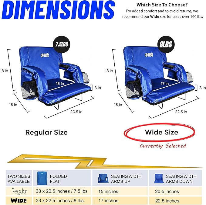 BRAWNTIDE Stadium Seat for Bleachers with Back Support - Wide Padded Reclining Bleacher Seat, Portable Folding Stadium Chair with Armrests, Hooks, Straps, Cup Holders & Pockets for Games & Concerts