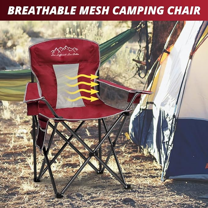 2PCS SAILARY Mesh Folding Camping Chairs, Oversized Portable Outdoor Chairs, Weight Capacity 325 lbs with Cup Holder, Storage Pocket, Carry Bag Red