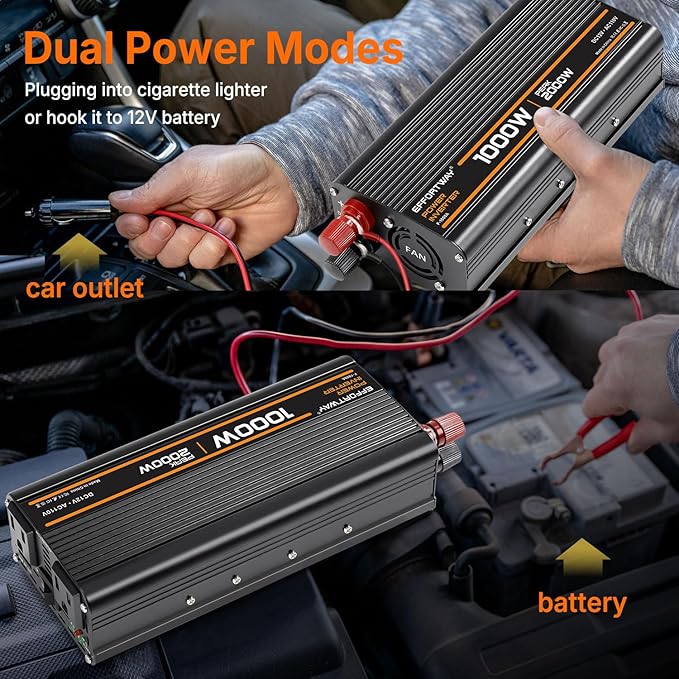 1000W Power Inverter, Inverter 12V to 110V with 2 AC Outlets, 2.1A USB Port, Car Power Inverter with Alligator Battery Clamp for Phone, Laptop on Camping, Road Trip