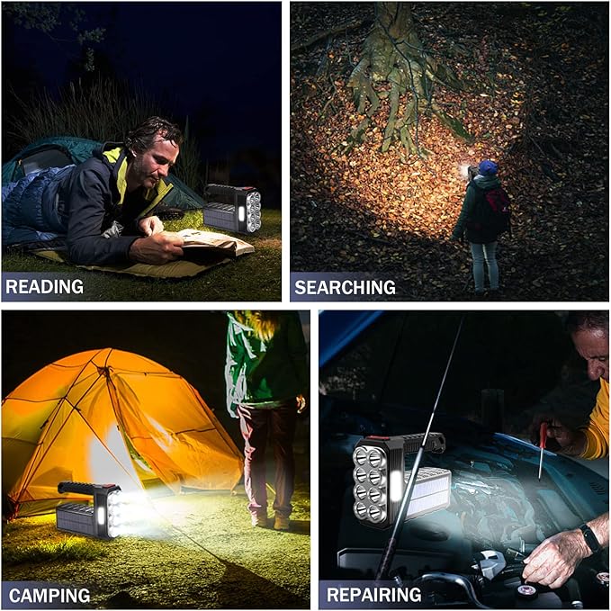 8 LED Solar Flashlight with COB Sidelight, 1000 Lumens Solar Powered Flashlights, Solar or USB Charging Waterproof Handheld Flashlights with 3 Modes for Fishing Outdoor Camping Emergencies