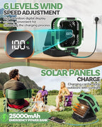 25000mah Camping Solar Fan, 120° Oscillation Rechargeable Solar Powered Fan with LED Light, 6 Adjustable Speeds Battery Powered Portable Fans, USB-C Fans for Travel Tent Camping Accessories