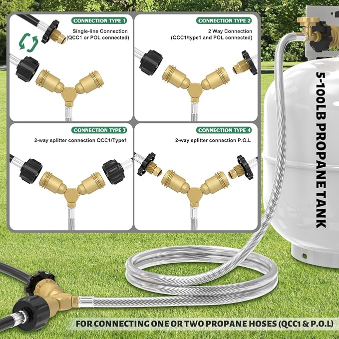 12FT Propane Hose with Propane Splitter 2 Way POL Tank Connector, Propane Y Splitter Adapter with Shut Off Valve, 2-Way LP Gas Adapter Tee Connector for 100lb Propane Tank,Heater,Camping Stove,Burner