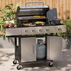 Aoxun 4-Burner Propane Grill with Side Burner, 49000 BTU Gas Grill, Stainless Steel Outdoor Grill with Cast Iron Grates & Side Tables for Backyard, Patio, Camping, Black and Silvery