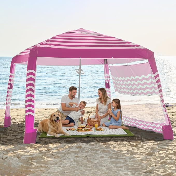 Zeraty Beach Cabana 8'×8', Portable Beach Canopy with Side Wall, Easy Pop Up UPF 50+ Silver-Coated Beach Tent Sun Shelter, Wind Resistant Adjustable Height Beach Umbrella Tent for Family, Pink