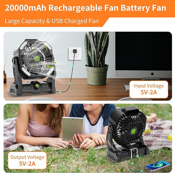 20000mAh Cordless Fan Emergency Portable Rechargeable Fan & Light for Power Outage, Car Defrosting, Indoor - Battery Operated Fan with 270° Pivot, USB, Hook & LED, Portable Camping X26 Black