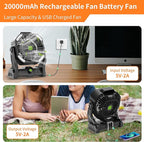 20000mAh Cordless Fan Emergency Portable Rechargeable Fan & Light for Power Outage, Car Defrosting, Indoor - Battery Operated Fan with 270° Pivot, USB, Hook & LED, Portable Camping X26 Black