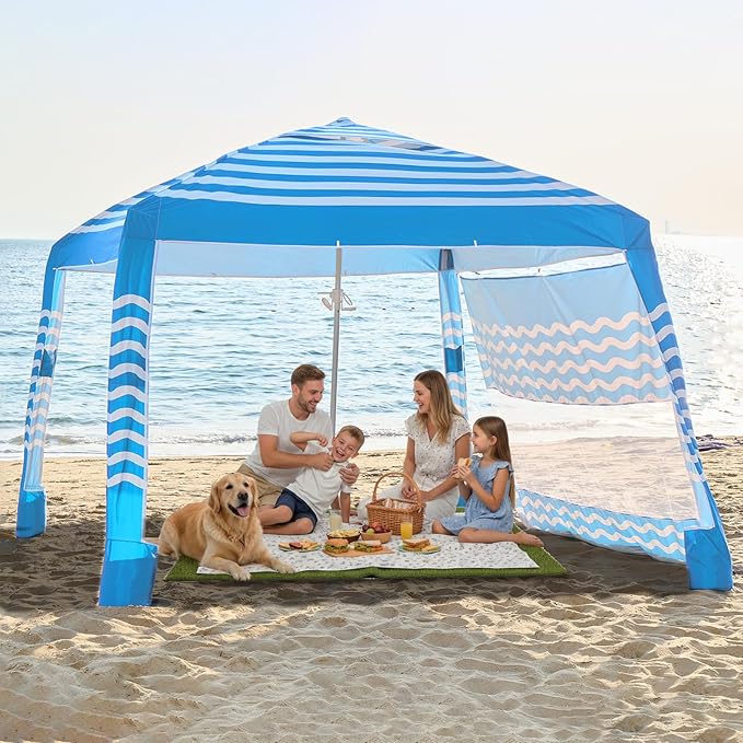 Zeraty Beach Cabana 8'×8', Portable Beach Canopy with Side Wall, Easy Pop Up UPF 50+ Silver-Coated Beach Tent Sun Shelter, Wind Resistant Adjustable Height Beach Umbrella Tent for Family, Sky Blue