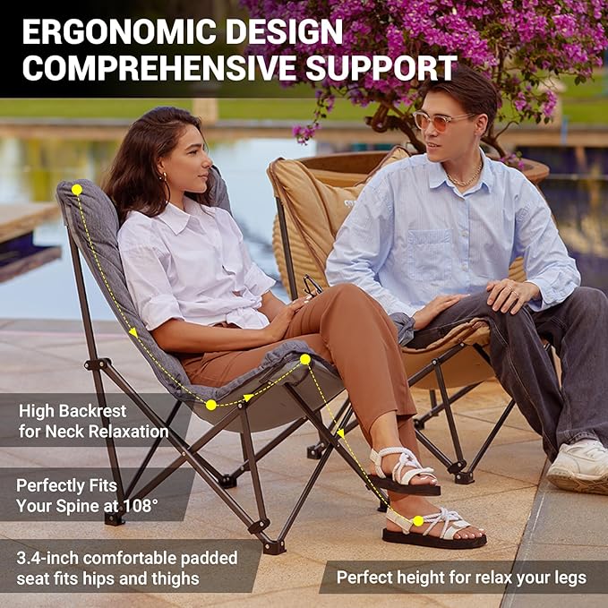KingCamp Padded Oversized Camping Chair and Bamboo Folding Table 4-Fold Portable Camping Table with Visual Adjustable Height Aluminum Legs,Outdoor Lightweight Camp Tables with Carry Bag
