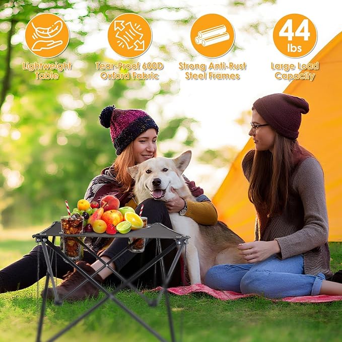 Portable Camping Table, Ultralight Picnic Table Foldable with 2 Cup Holders and Carrying Bag for Outdoor Camping Picnic BBQ Beach Party Patio Fishing, Steel Frame, High-Grade 600D Oxford Fabric 2