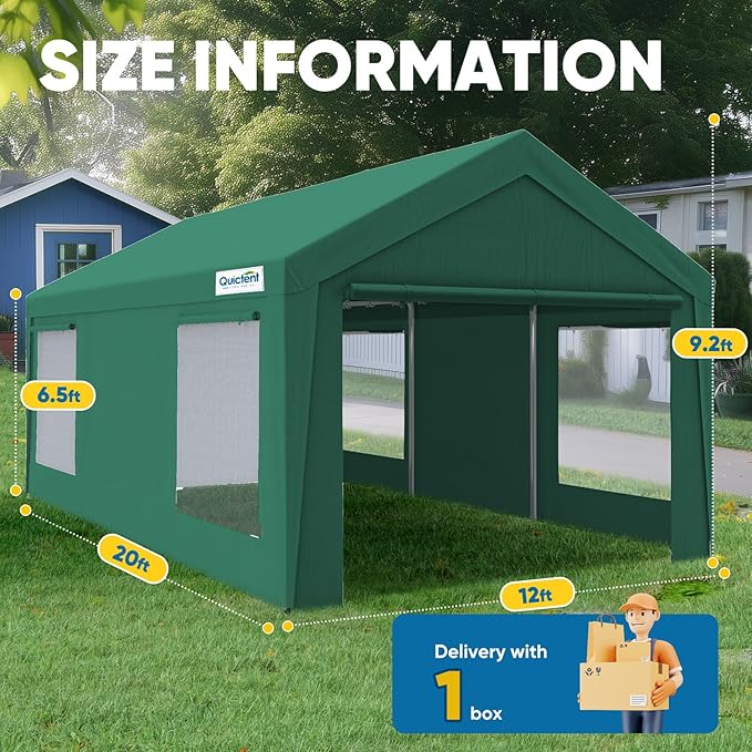 Quictent Upgraded 12x20 ft Heavy Duty Galvanized Carport - Reinforced Outdoor Garage Canopy Tent with Roll-up Ventilated Windows & Sidewalls, Weatherproof Shelter for Car, Boat, RV - Green