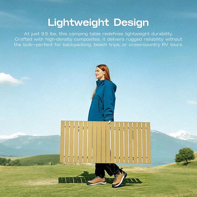 Height Adjustable Camping Table Tall Large Outdoor Folding Camping Table with Wide-Base Anti-Sink Legs & Carry Bag for Camping BBQ Beach Backyard (Beige)