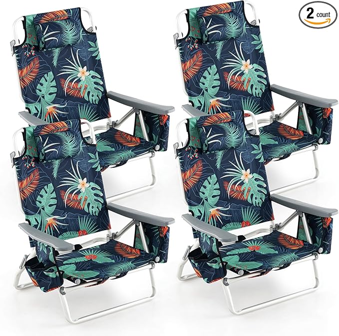 Goplus Beach Chair, Folding Backpack Beach Chairs for Adults with 5 Positions, Head Pillow, Cooler Bag, Towel Bar, Cup Holders, Sunbath Sling Tanning Lounge, Foldable Layout Camping Chairs