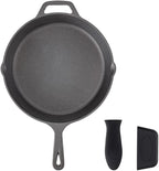 Navaris Cast Iron Skillet - 12"(30cm) Pre-Seasoned Frying Pan with Helper Handle & Silicone Holders, Pour Spouts, for Oven, Stovetop, Grill & Campfire, Heavy-Duty, Even-Heating