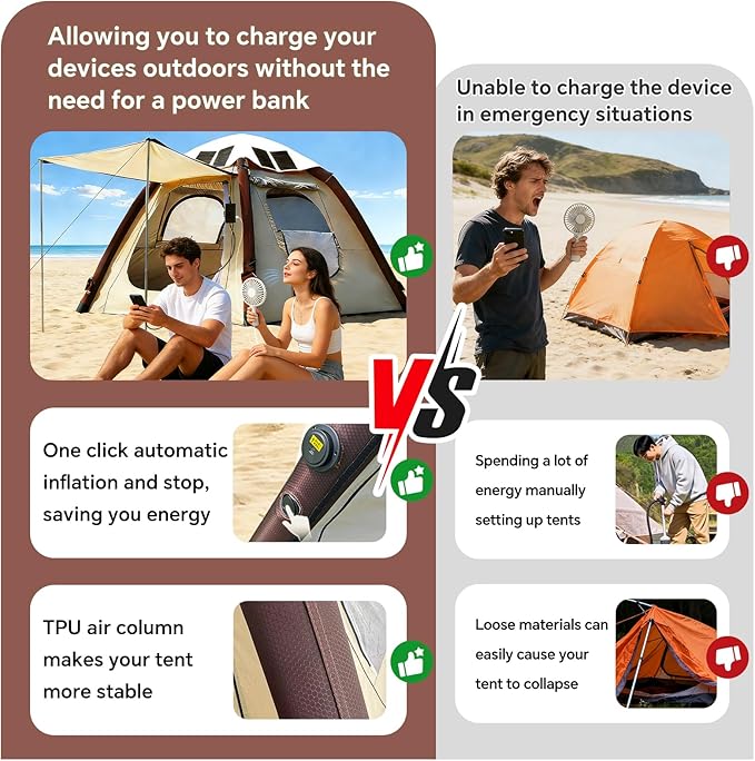 Automatic Inflatable Tent with Air Pump, Family Tents for Camping, Windproof Waterproof 3 Person Tent, Easy Set Up in 2-3 Min, Camping Essentials for Backyard Outdoor