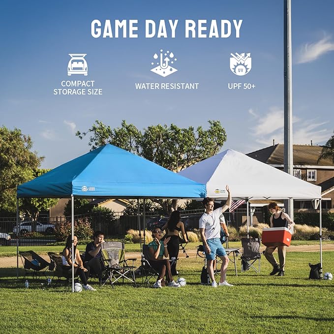 CROWN SHADES 8x8 Pop Up Canopy, Patented Center Lock One Push Instant Popup Outdoor Canopy Tent, Newly Designed Storage Bag, 8 Stakes, 4 Ropes, Silver-Coated Sky Blue