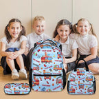Custom Backpacks for Kids, Set of 3 Fire Truck School Backpacks Matching Combo for Boys Students, Personalized Lightweight Truck Bookbag with Lunch Box Set for School Camp Travel