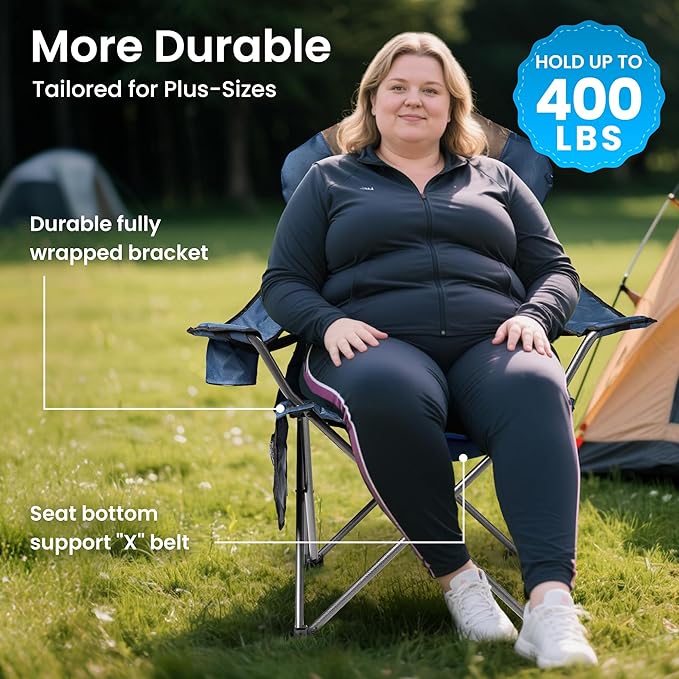 Oversized Camping Chair Heavy Duty- Portable Folding Chair, Cup Holder & Waterproof Phone Case for Adults, Beach, Hiking, Backyard (Blue & Brown, 2 PCS-21)
