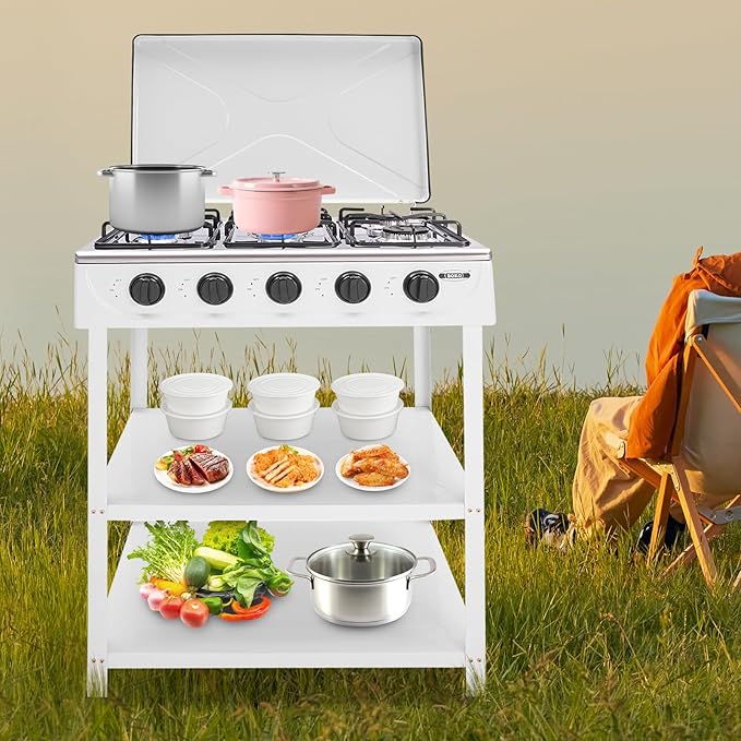 5 Burner Natural Gas Burner Portable Camping Stove Manual Ignition Gas Stove with Support Leg Stand and Wind Blocking Cover for RV, Apartment, Outdoor Cooking