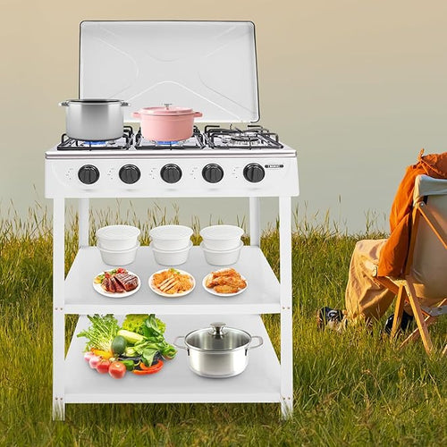 5 Burner Natural Gas Burner Portable Camping Stove Manual Ignition Gas Stove with Support Leg Stand and Wind Blocking Cover for RV, Apartment, Outdoor Cooking
