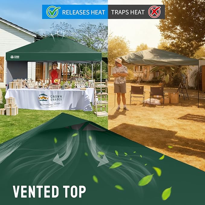 CROWN SHADES 12x12 Pop Up Canopy Tent Instant Commercial with 150D Silver Coated Fabric Including 1 Removable Sidewall, 4 Ropes, 8 Stakes, Weight Bags, STO 'N Go Bag, Forest Green