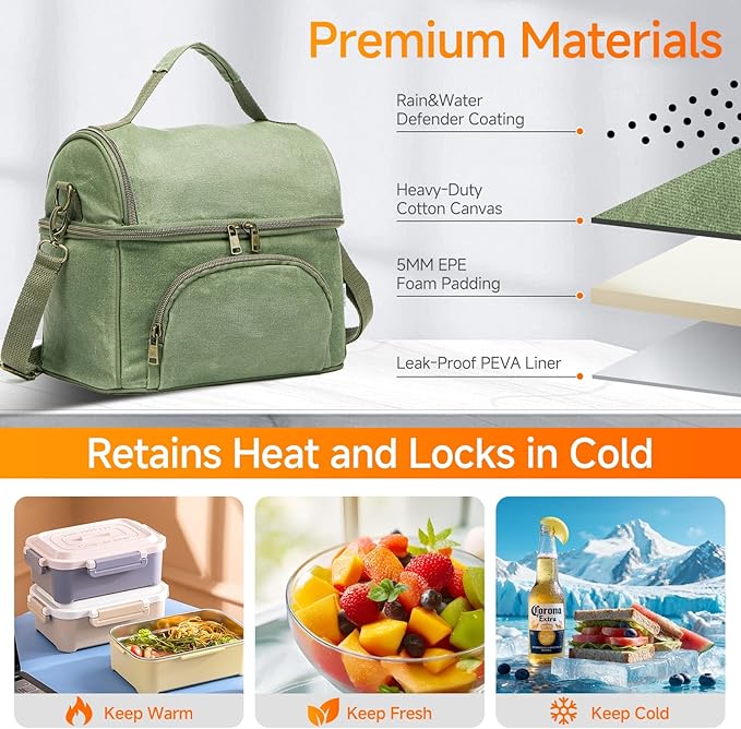 Mens Lunch Box with 2 XL icepacks,Sturdy Waxed Canvas Insulated Lunch Bag for Adult, 2 Compartment Soft Cooler Bag For Work, Picnic, Travel, Outdoors (10.5L) 10"x7"x9.5" (London Green)