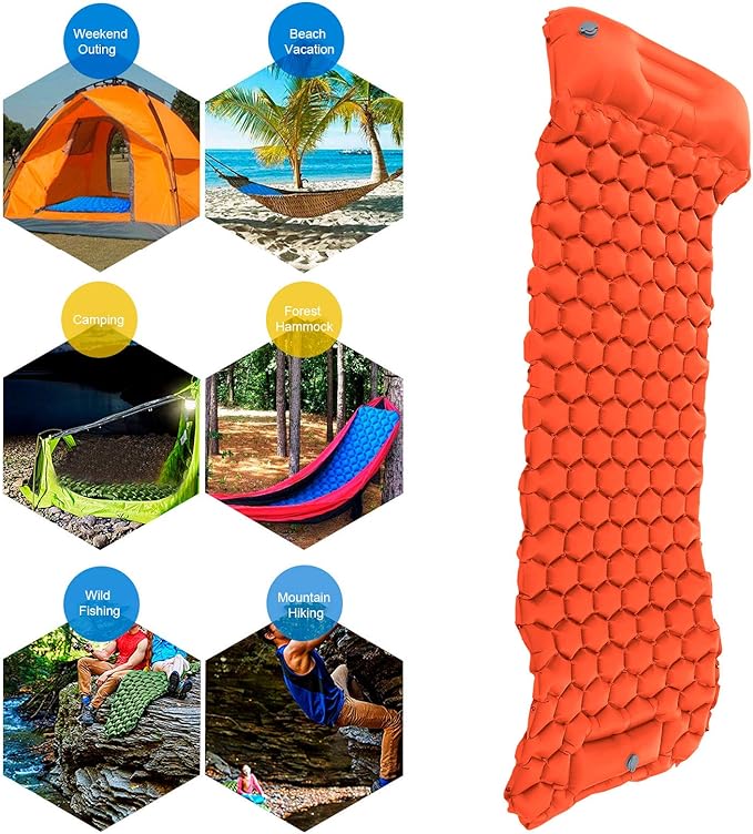 Camping Sleeping Pad Mat, Foot Press Inflatable Cushion Mattress, Sturdy 40D Nylon Fabric, TPU Laminate, for Tent Hiking Travel, Lightweight Compact, Easy to Store (Orange)