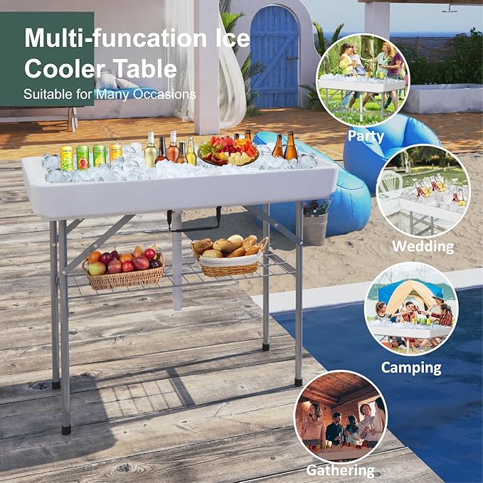 4 Foot Ice Cooler Table, Folding Tailgate Camp Fishing Cleaning with Matching Skirt & Drain Hose, Plastic Ice Table for Party, BBQ, Camping, Picnic, Barbecues to Keep Drinks Cool, White