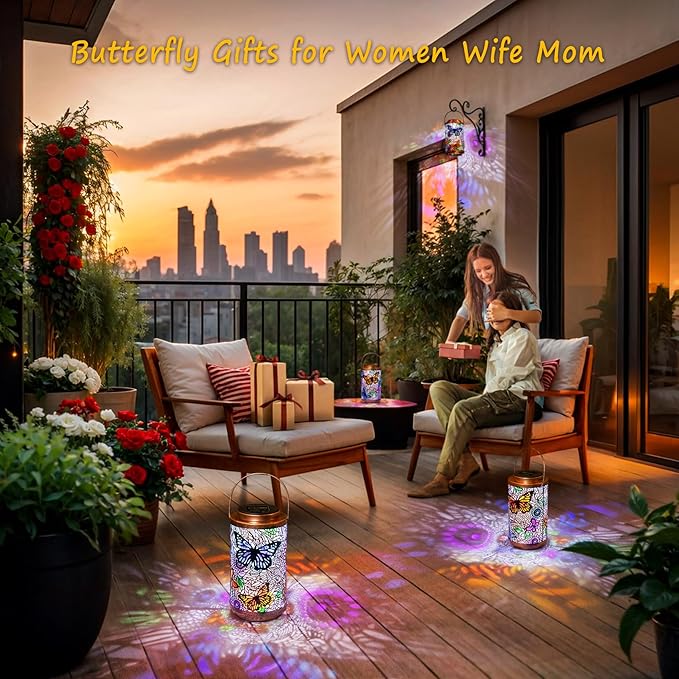 2Pack Solar Outdoor Lanterns Waterproof Butterfly Garden Gifts for Women, Multicolor Solar Outside Lights Lantern for Yard, Backyard, Porch, Mothers Day Gifts for Mom Grandma Wife