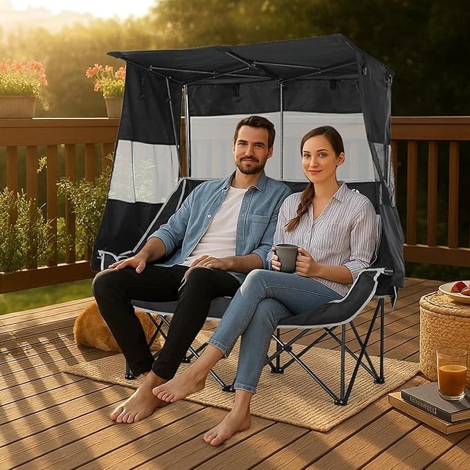 Nice C Double Camping Chair with Canopy, Portable Shade Sports Chair, Umbrella Chairs Camping Couch, Folding Outdoor Loveseat with Cooler Bag, Cup Holders, For Beach, Lawn, Sports, Picnic (Black&Gray)