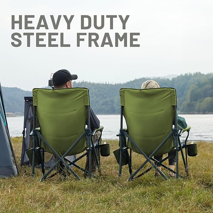 Timber Ridge 500lbs Oversized Folding Camping Chair, Heavy Duty Lawn Chair for Adults, Portable Collapsible High Back Chair with Cup Holder, Side Pocket Cooler Bag, for Outdoor, Sports, Green