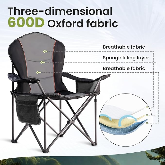 Oversized Camping Chair Heavy Duty- Portable Folding Chair, Cup Holder & Waterproof Phone Case for Adults, Beach, Hiking, Backyard (Black & Gray, 2 PCS)