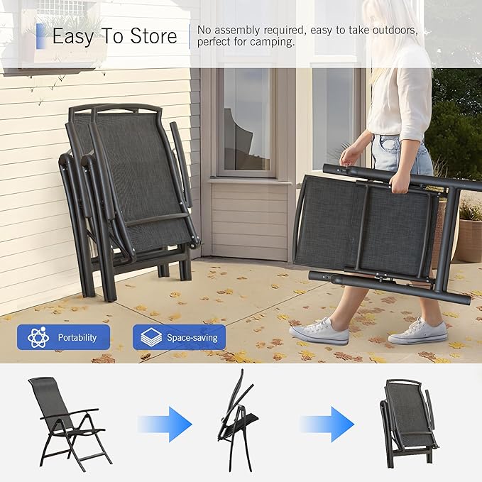 Domi Folding Patio Chairs Set of 2, Aluminium Frame Reclining Sling Lawn Chairs with Adjustable High Backrest, Patio Dining Chairs for Outdoor, Camping,Porch,Balcony(Textilene Fabric)