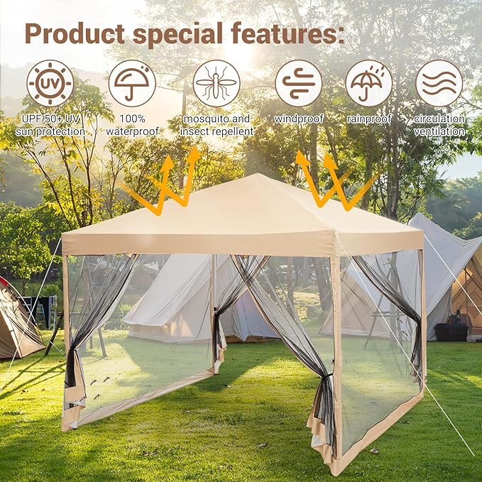 CABIHOME Quick Setup Pop Up Canopy Tent 10x10ft – Waterproof Outdoor Gazebo Shelter with Mesh Sidewalls & Mosquito Netting, Portable Folding Tent for Camping, Patio, Backyard, Events
