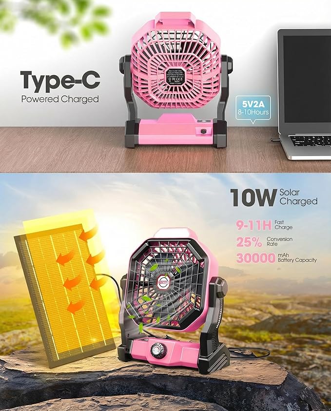 30000mAh Solar Fan, Camping Fan with Solar Panel, 10W 9-Inch Rechargeable Battery Operated Fans for Outside, LED Lantern, Stepless Speed and Quiet Battery Powered Solar Tent Fans for Outdoor, Barbecue