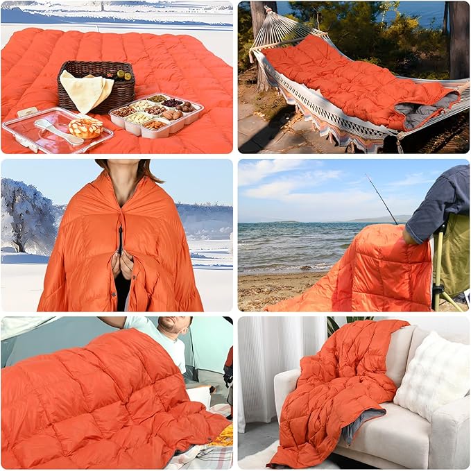 Down Camping Blanket - Lightweight, Packable, Warm & Puffy Outdoor Travel Quilt for Sleep, Hiking, Backpacking, Stadium, Festivals, Water-Resistant Sleeping Bag 55"x79"