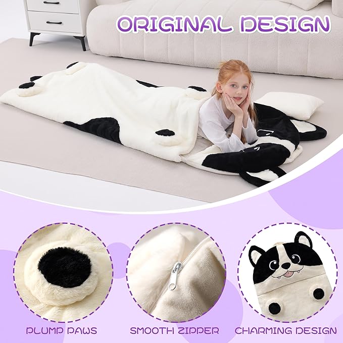 70" 4.2lbs Dog Thickened Kids Nap Mat for Preschool, Daycare,Kindergarten,Soft Washable for Boys and Girls, 2-in-1 Stuffed Animals Sleeping Bag and Pillow, Sleep Sack for Toddlers