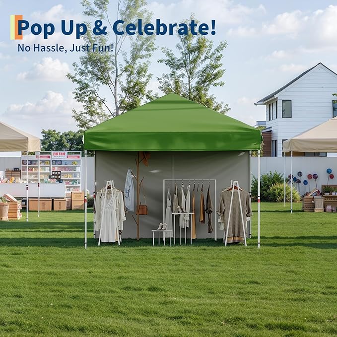 10x10 Instant Pop-Up Canopy with 1 Sidewall – Easy 1-Button Setup, Includes Roller Bag, 3 Height Settings & 4 Weight Bags – Perfect for Backyard, Beach, Sports & Parties,Green
