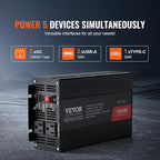 VEVOR Modified Sine Wave Inverter, 1500W, DC 12V to AC 120V Power Inverter with 2 AC Outlets 2 USB Port 1 Type-C Port 6 Spare Fuses, for Small Home Devices Like Smartphone Laptop, CE FCC Certified